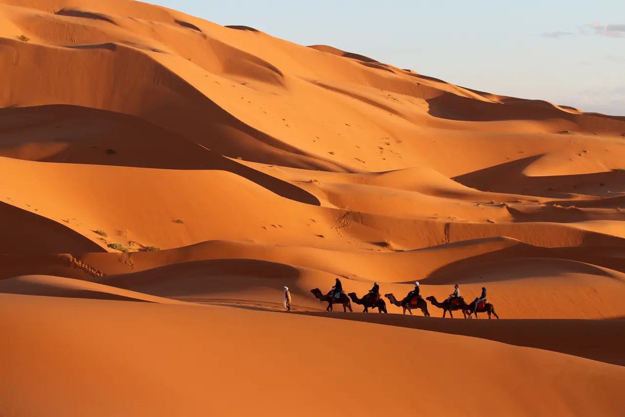 Una carovana di dromedari tra le dune dell’Erg Chebbi, a Merzouga