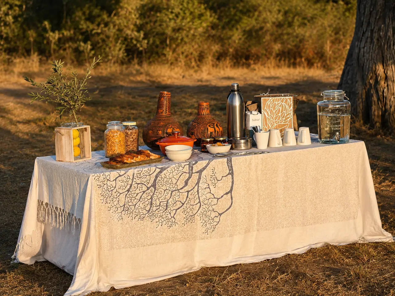 La colazione apparecchiata all’aperto nel campo