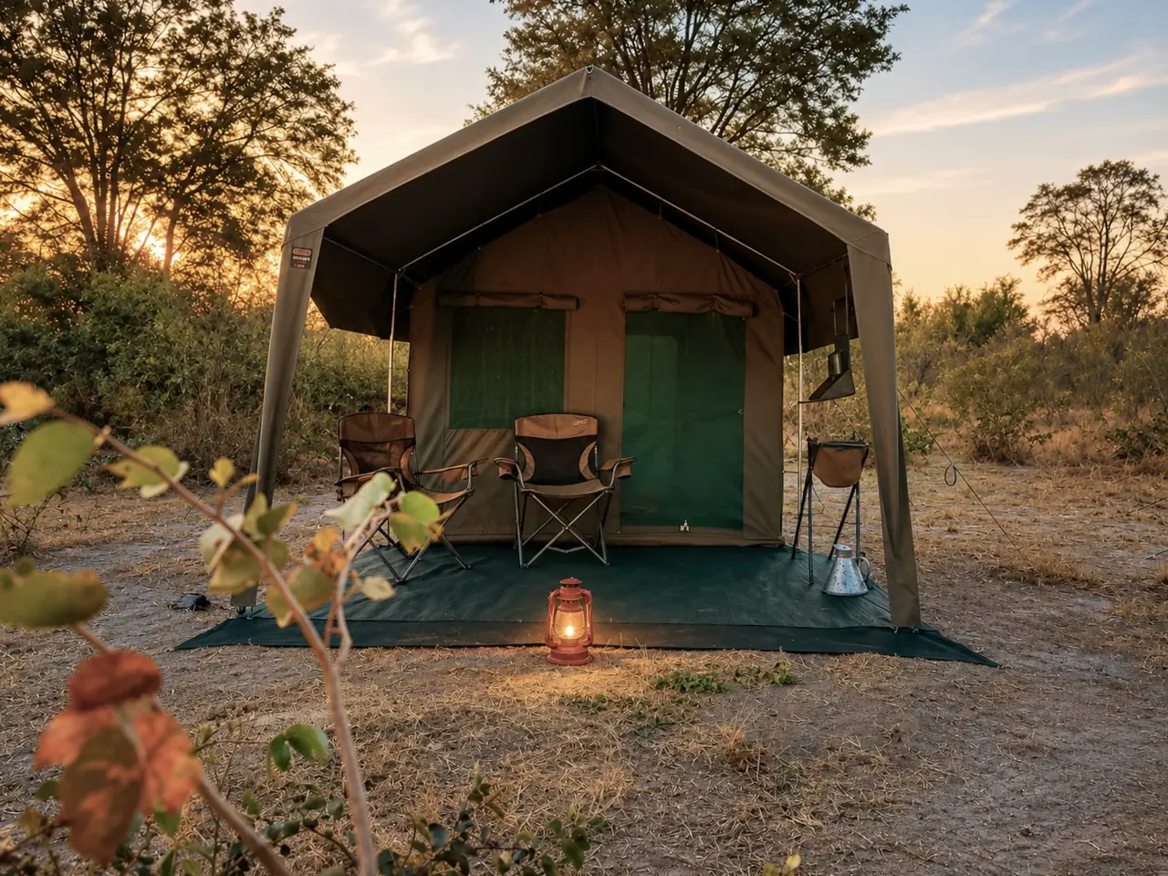 Una tenda del campo mobile al tramonto, con la lanterna accesa