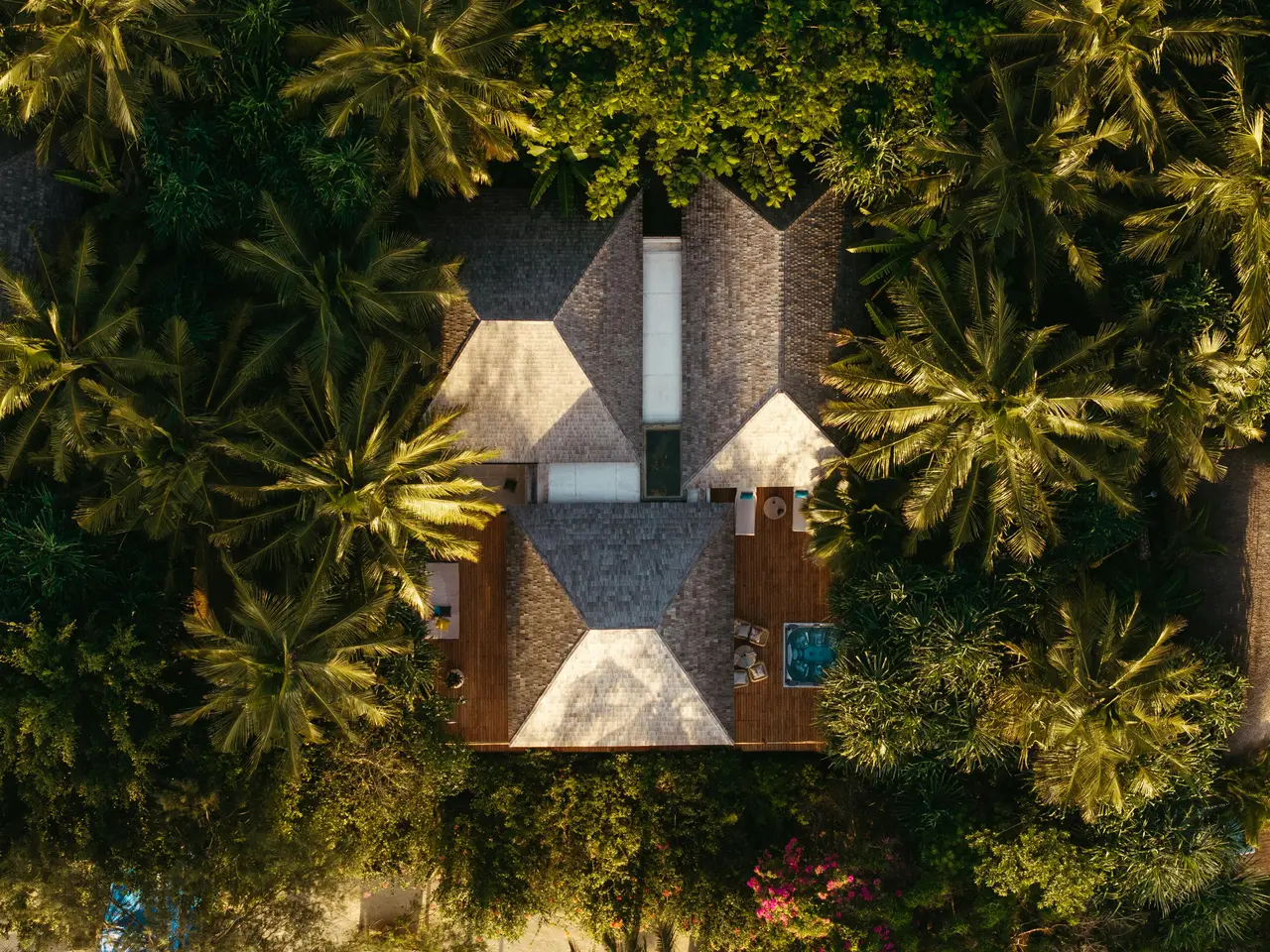 Lodge con i tetti di paglia tra le palme, visto dall’alto